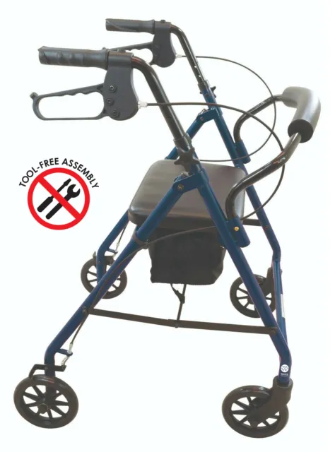 Premium BLUE Rollator Rolling Medical Walker w/ Curved Back Soft Seat by Wave