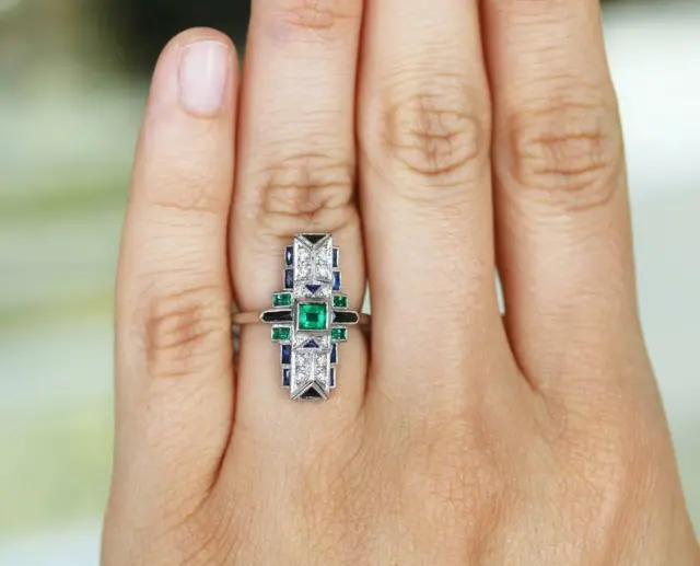 Stunning Art Deco Inspired 1.48TCW Emerald, Sapphire, Black Onyx & White CZ Ring