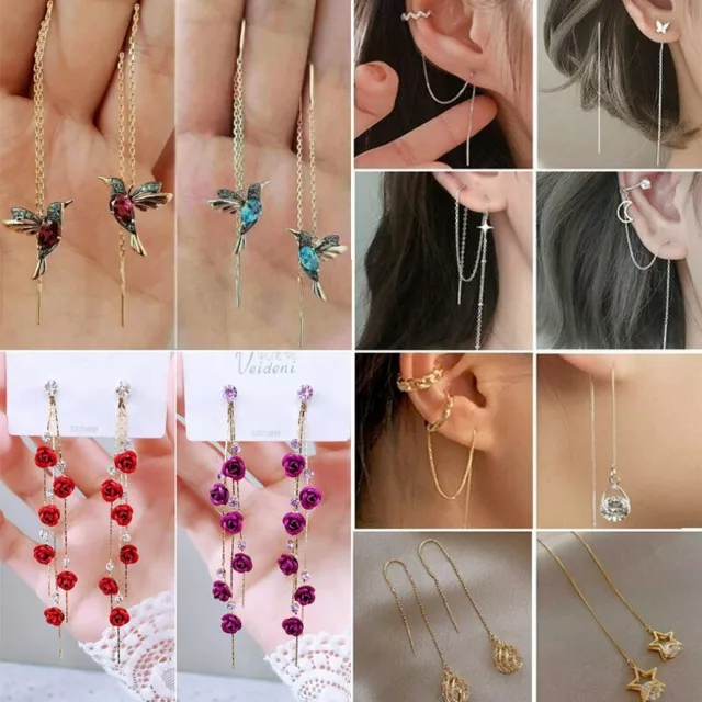 Fashion Long Tassel Pearl Zircon Earrings Stud Drop Threader Crystal Dangle Gift 3