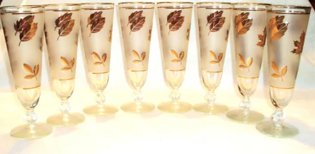 VTG LIBBEY 22K GOLD Lot of 8 FOLIAGE LEAF FROSTED 8 1/2" PILSNER FOOTED GLASS