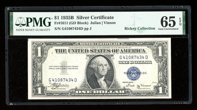 $1 1935-B Silver Vinson GD Block Fr. 1611 Gem PMG 65 EPQ Serial G41087434D