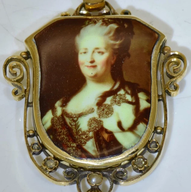 One of a Kind Antique Imperial Russian Locket 18k Gold Enamel-Empress Catherine
