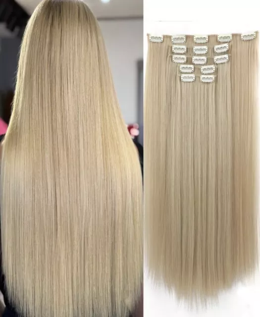 5X Bande Extension De Cheveux Synthétique Blond Long À Clips Femme Wig Lisse