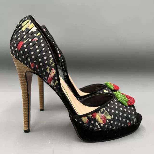 Cece Lamour High Heels 6.5 Womens Black Polka Dot Strawberry Retro Stilletto