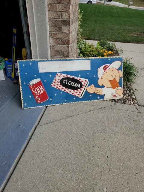 c.1984 Original Vintage Hood Ice Cream Sign Metal Embossed Soda Creamery Milk