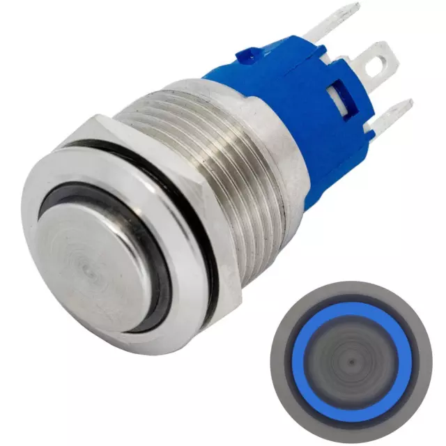 Edelstahl Drucktaster erhaben Ø19mm Ring LED Blau IP65 2,8x0,5mm Pins 250V 3A Va