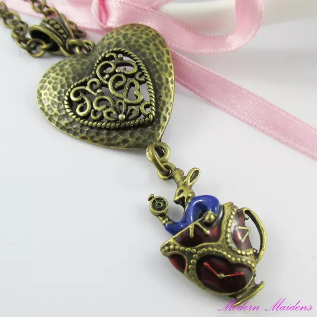 Alice in Wonderland Rabbit Teacup Charm Sweater Necklace Antique Bronze 74cm