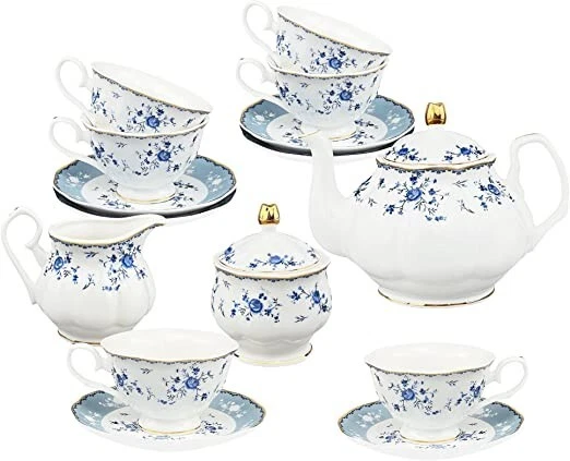 fanquare 21 Pezzi Servizio da tè in Porcellana con Rosa Blu, Servizio da caffè I