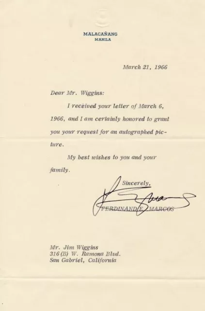 Ferdinand Marcos- TLS from 1966 Signed