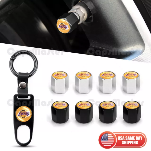 Universal Car Wheels Tire Valve Dust Stem Air Cap + Keychain Lakers LA NBA Logo