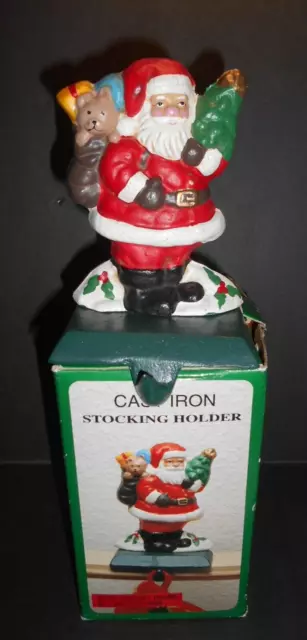 Vintage Cast Iron Christmas SANTA CLAUS Stocking Holder Hanger Holiday Mantle