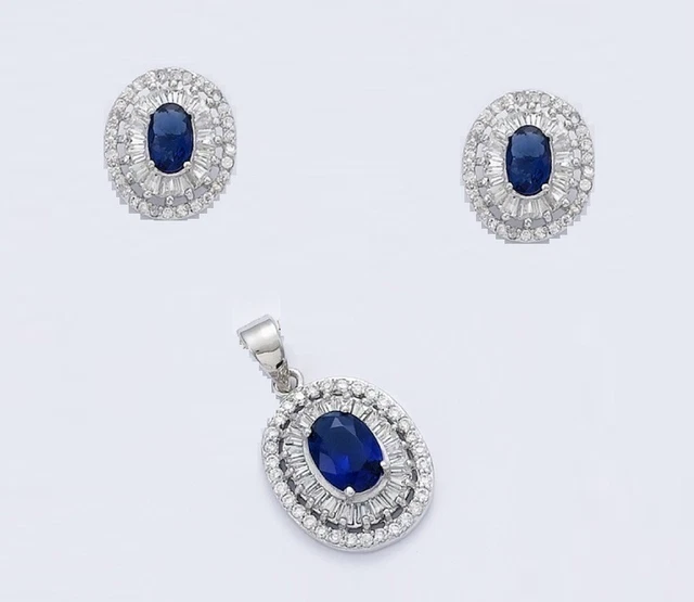 Parure De Bijoux (collier & Boucles D'oreilles) Saphir Et Diamants Cz - Argent 925 Rhodié - Neuf