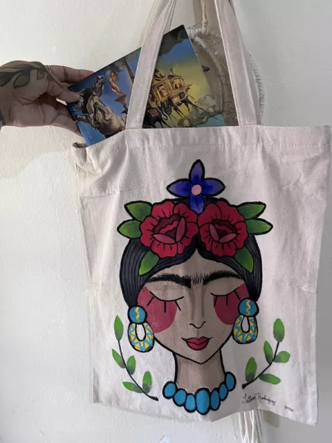 Frida Kahlo Hand painted Reusable Canvas Shopping Bag, Sturdy Shoulder Straps.