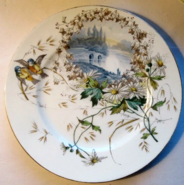 Assiette porcelaine Limoges décor Mésanges Paysage lacustre et Marguerites