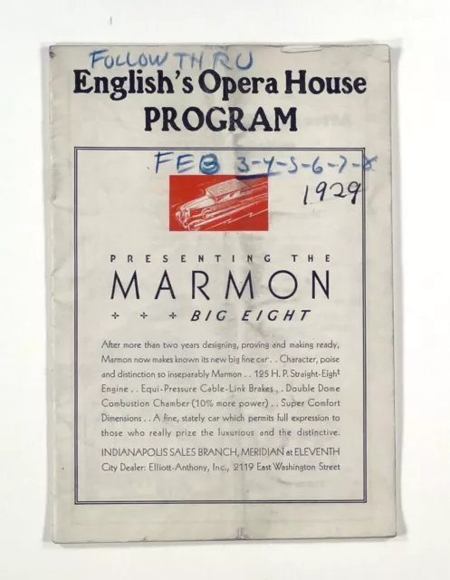1930 playbill "FOLLOW THRU" Musical Comedy ENGLISH OPERA HOUSE Indianapolis