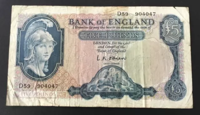 Banknote Of England Five Pounds. LK Obrien Lion & Key. D59. Circulated Condition