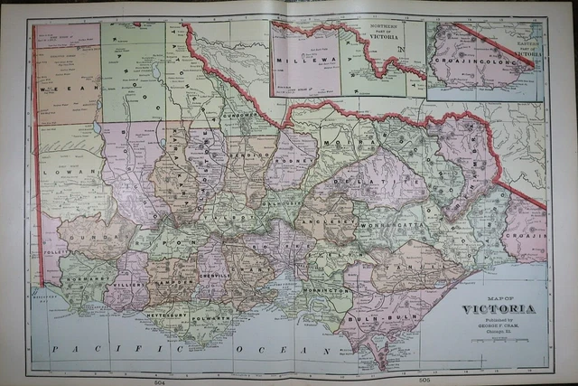 Old (Lg14x22) 1904 Cram's Atlas Map ~ VICTORIA, AUSTRALIA ~ Free S&H  ~Inv#333