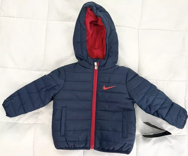 Nike Baby Boy Hooded Puffer Fleece Lined Jacket Navy 12 Months NWT New MSRP $75