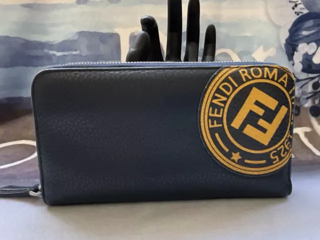 Fendi FF Logo Stamp Navy Leather Zip Around Wallet