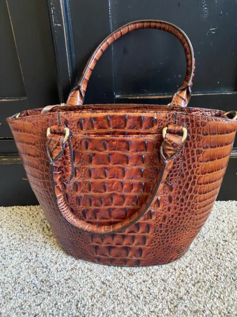 Brahmin Pecan Brown Melbourne Embossed Leather Crossbody Bag W/ Woven Pattern