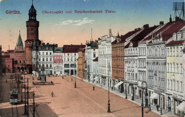 Obermarkt mit Reichenbacher Turm in Görlitz Sachsen Postkarte AK 1919