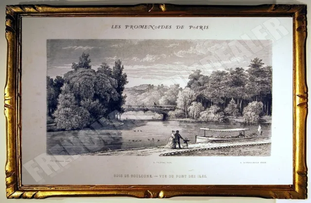 RARE ENGRAVING PONT DES ISLANDS & SHUTTLE WOOD of BOULOGNE PROMENADES DE PARIS 1882