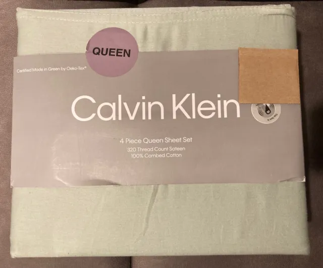 Calvin Klein QUEEN Sateen Sheet Set Sage Light Green Combed Cotton 4pc 320TC