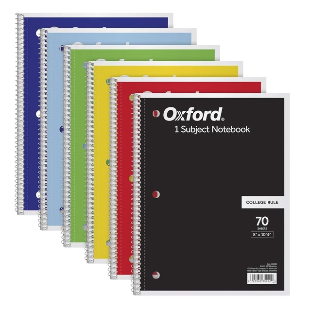 Spiral Notebook 6 Pack, 1 Subject, College Ruled Paper, 8 x 10-1/2 Inch Oxford