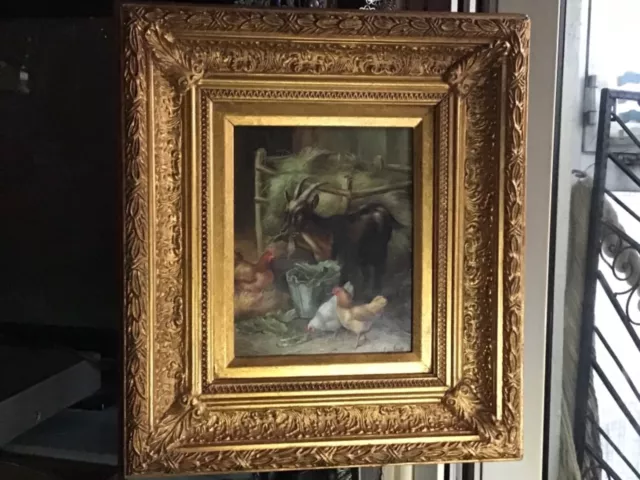 Oil Painting on Board of a Barn with Chickens and Goat in a Gilt Frame.Good cond