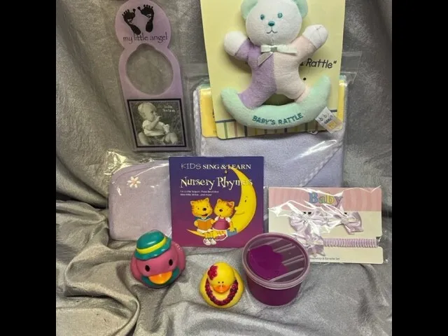 Wholesale Lot Of 9 New Lavender Baby Items - Ganz Bear Rattle, Cd, Rubber Ducks