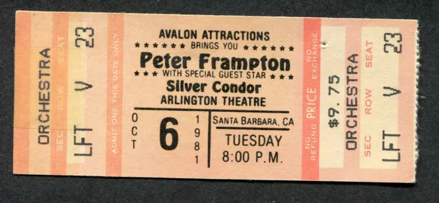 1981 Peter Frampton Silver Condor Unused Full Concert Ticket Santa Barbara CA