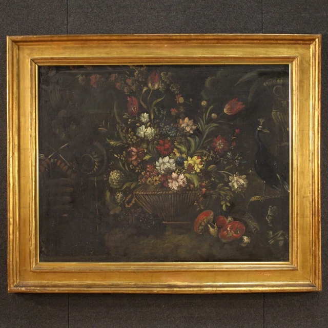Gran bodegon siglo XX 900 pintura oleo sobre lienzo cuadro jarron con flores