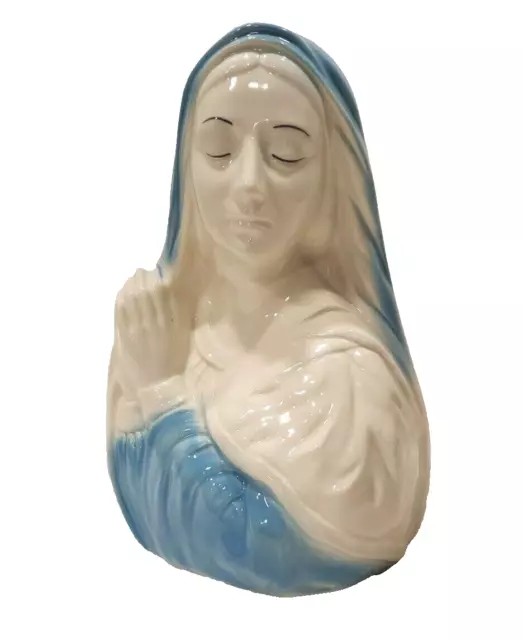 Vintage Blessed Mother Mary Figurine Planter Madonna Praying Ceramic Blue White