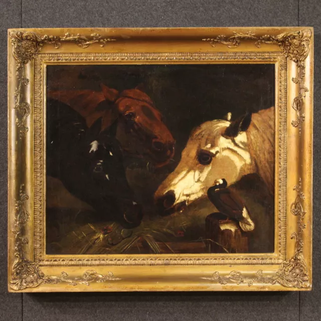Pintura antigua oleo sobre lienzo cuadro caballos animales establo siglo XIX