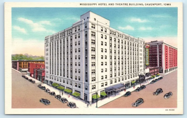 POSTCARD Mississippi Hotel and Theatre Building Davenport Iowa Linen