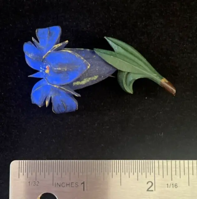 Celluloid Flower Brooch Carved Blue Gentian Hand Painted Vintage 40's PIn JCS
