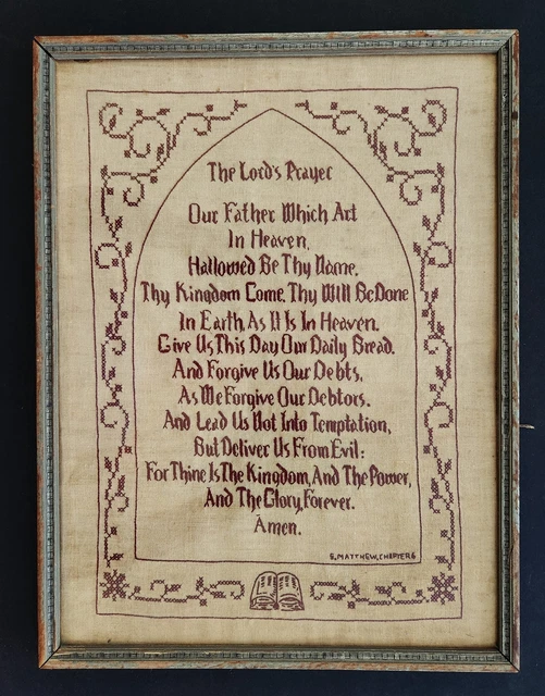 1920s antique CROSS STITCH SAMPLER framed LORD'S PRAYER primitive early burgundy