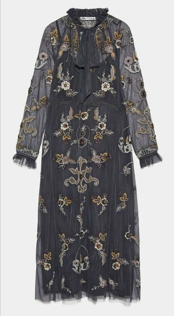 zara grey embroidered dress ZARA BNWT GREY EMBROIDERED DRESS Size XS