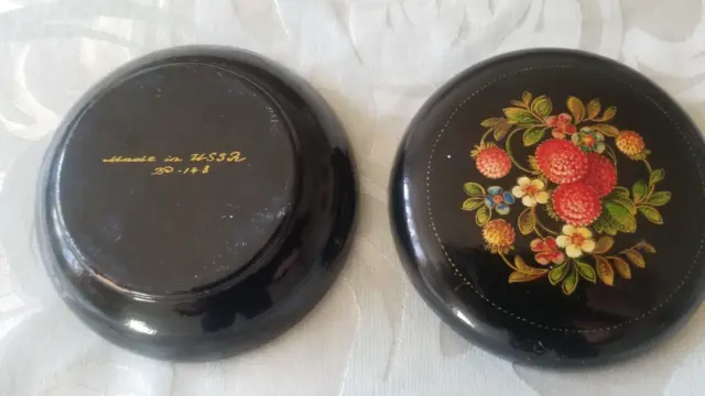 Russian Signed Hand Painted Black Lacquer Round Wood Box w Fruit Berries