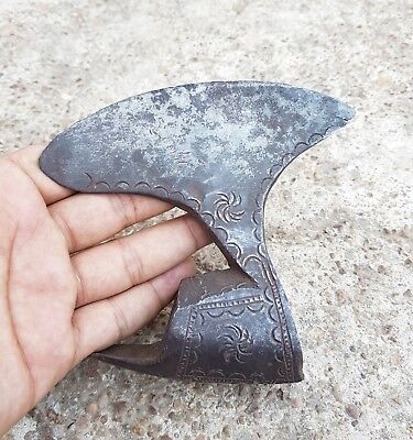 Old Early Rare Indo Persian Iron Hand Carved Battle Axe Head-Beautiful Carving