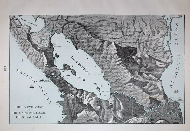 Old (11x14) 1899 Cram's Atlas Bird's-Eye View of LAKE NICARAGUA CANAL ~Inv#508