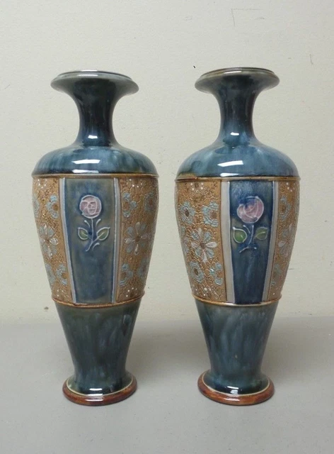 PAIR ROYAL DOULTON ART NOUVEAU 10.25" GLAZED "TAPESTRY" VASES, c. 1923-1927