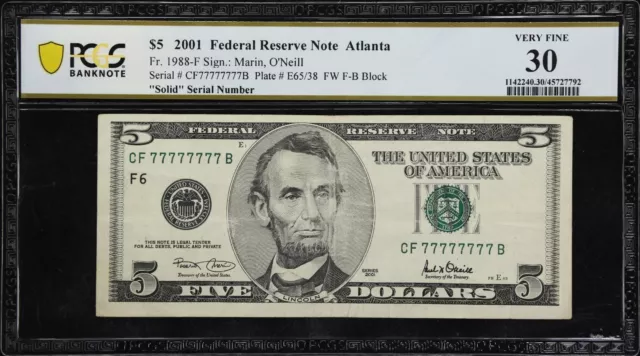 2001 $5 FR Note Fr# 1988-F Atlanta Solid Serial Number** CF77777777 B** PCGS 30 3