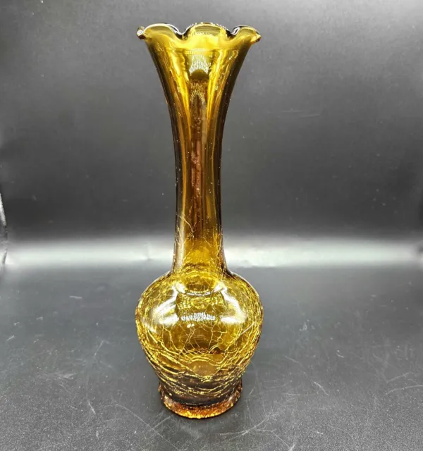 Vintage Hand Blown Crackle Glass Amber Ruffle Bud Vase
