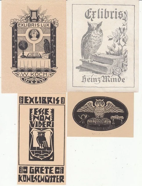 4 Exlibris Bookplate Konvolut Lot Eulen 7 Akt