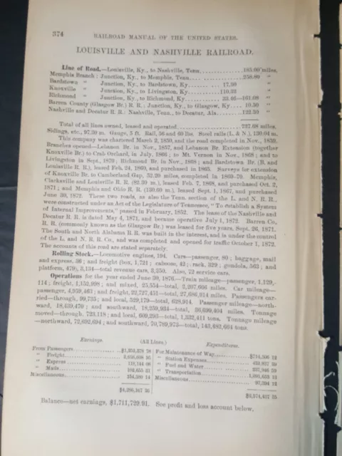 1878 original train report LOUISVILLE & NASHVILLE RAILROAD Memphis Bardstown KY