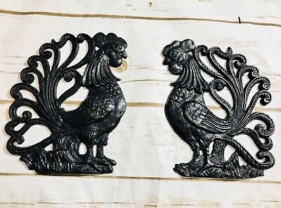 Vintage Lot 2 Black Cast Iron Roosters Wall Hanging Plaque Country Farm