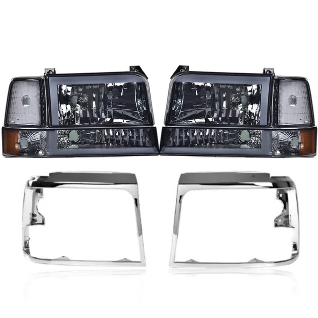 Fit For 92-96 F150 F250 Dual Led Drl Smoked Headlights + Lamp Door Chrome Bezel