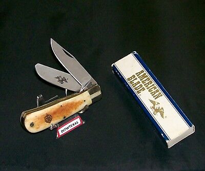 American Blade Knife AB-20 Bone Stag Baby Bullet Trapper 3-1/2" W/Packaging,Rare