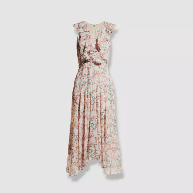 $595 Saloni Women's Pink Silk Floral Ruffled Rita A-Line Dress Size 4 3